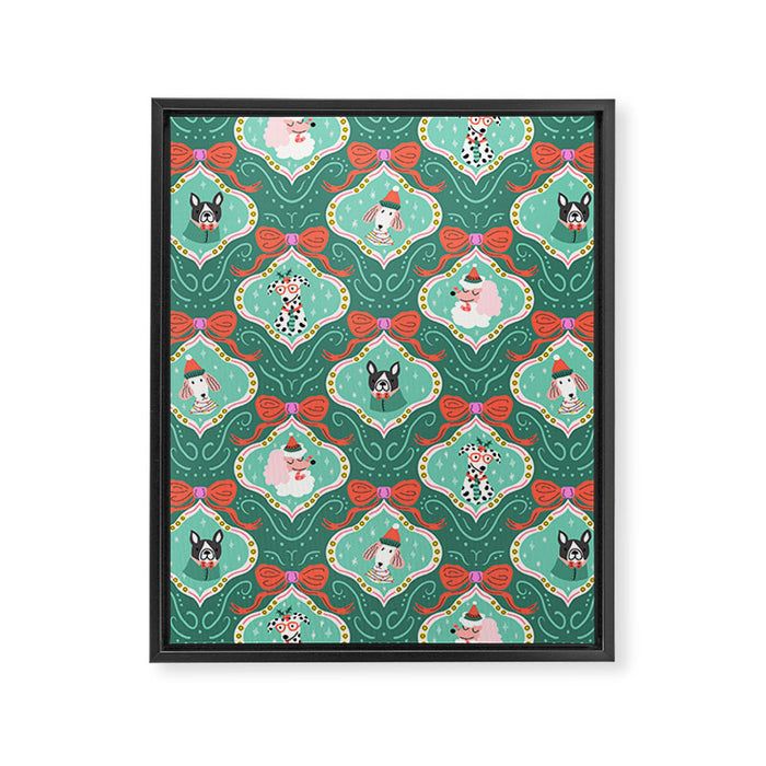 Christmas Dogs Festive Furry Holiday Ornaments Damask Dark Green  Framed Canvas Print Gallery Image 1