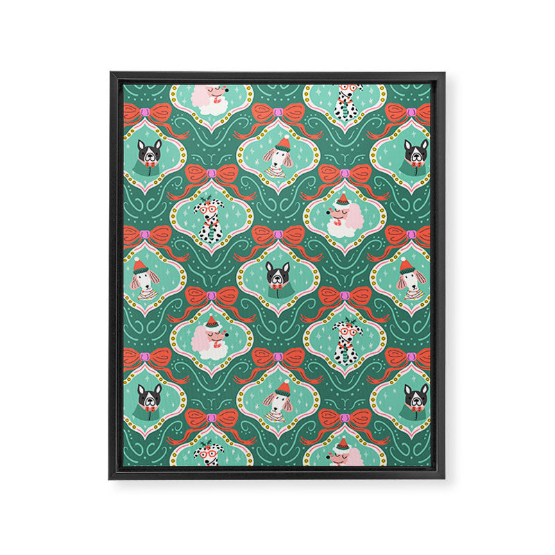 Christmas Dogs Festive Furry Holiday Ornaments Damask Dark Green  Framed Canvas Print Gallery Image 8