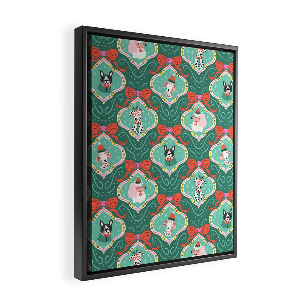 Christmas Dogs Festive Furry Holiday Ornaments Damask Dark Green  Framed Canvas Print Gallery Image 2