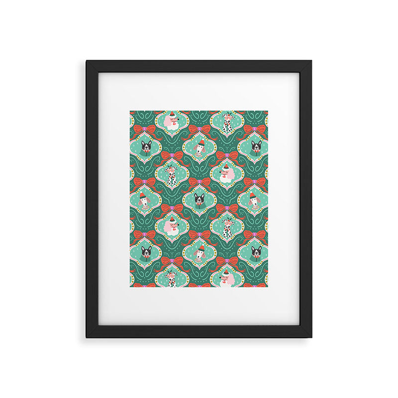 Christmas Dogs Festive Furry Holiday Ornaments Damask Dark Green  Framed Art Print Gallery Image 6