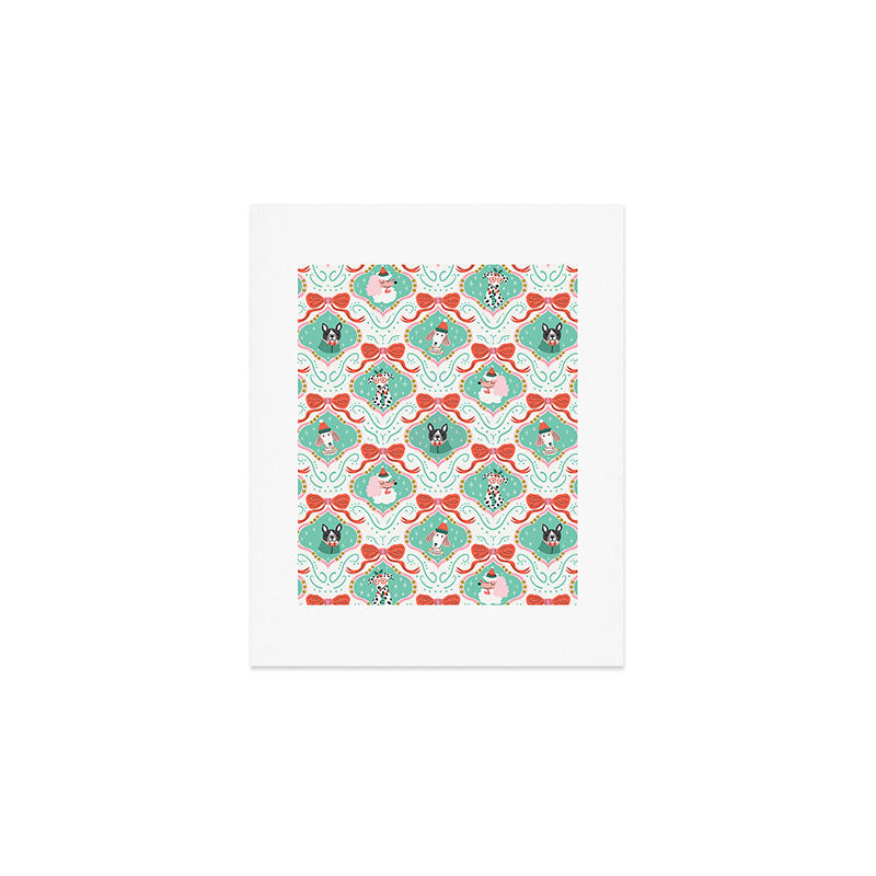 Christmas Dogs Festive Furry Holiday Ornaments Damask Pastel Green Art Print Gallery Image 1
