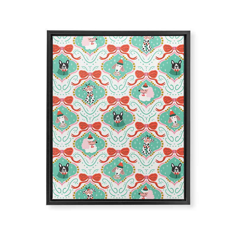 Christmas Dogs Festive Furry Holiday Ornaments Damask Pastel Green Framed Canvas Print Gallery Image 8