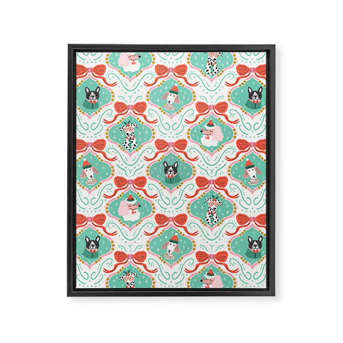 Christmas Dogs Festive Furry Holiday Ornaments Damask Pastel Green Framed Canvas Print Gallery Image 1