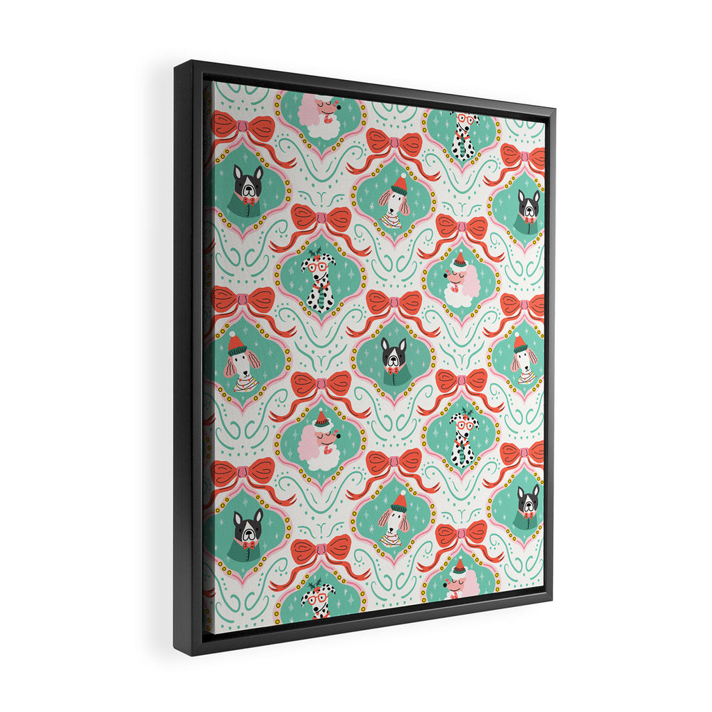 Christmas Dogs Festive Furry Holiday Ornaments Damask Pastel Green Framed Canvas Print Gallery Image 2