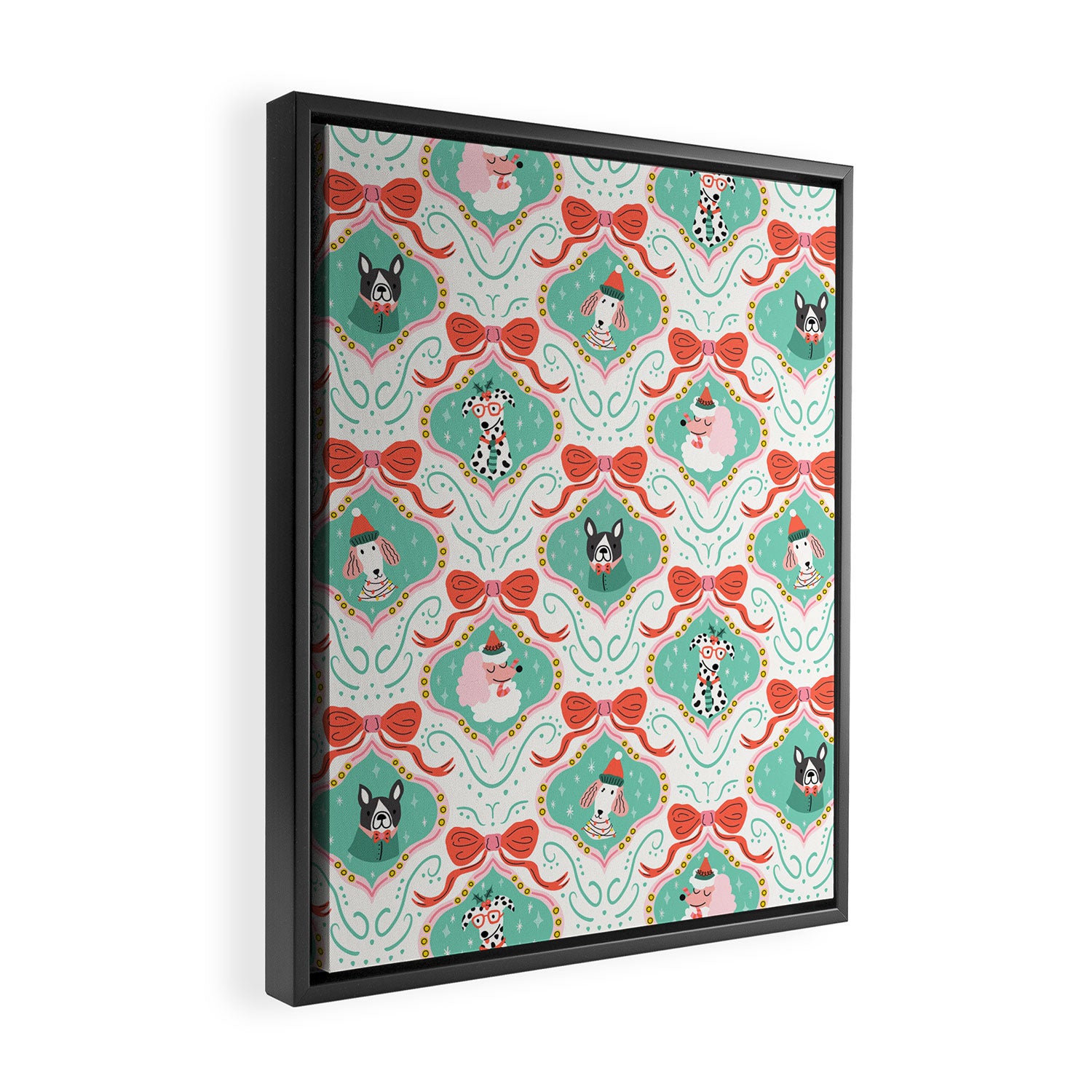 Christmas Dogs Festive Furry Holiday Ornaments Damask Pastel Green Framed Canvas Print Gallery Image 2