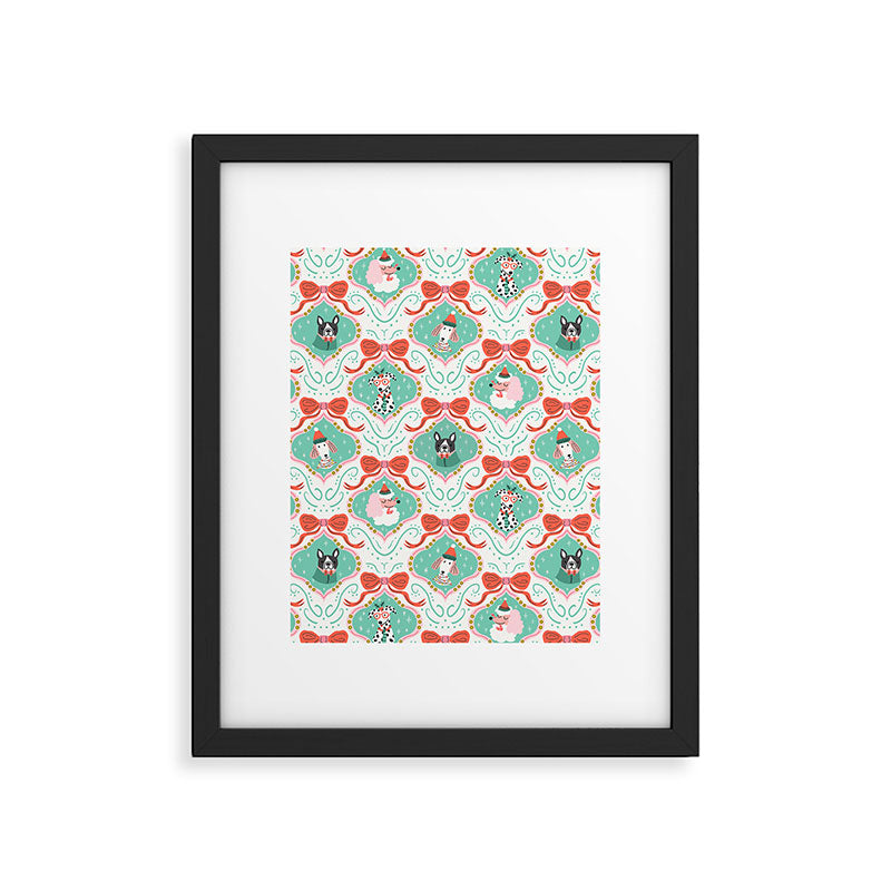 Christmas Dogs Festive Furry Holiday Ornaments Damask Pastel Green Framed Art Print Gallery Image 6