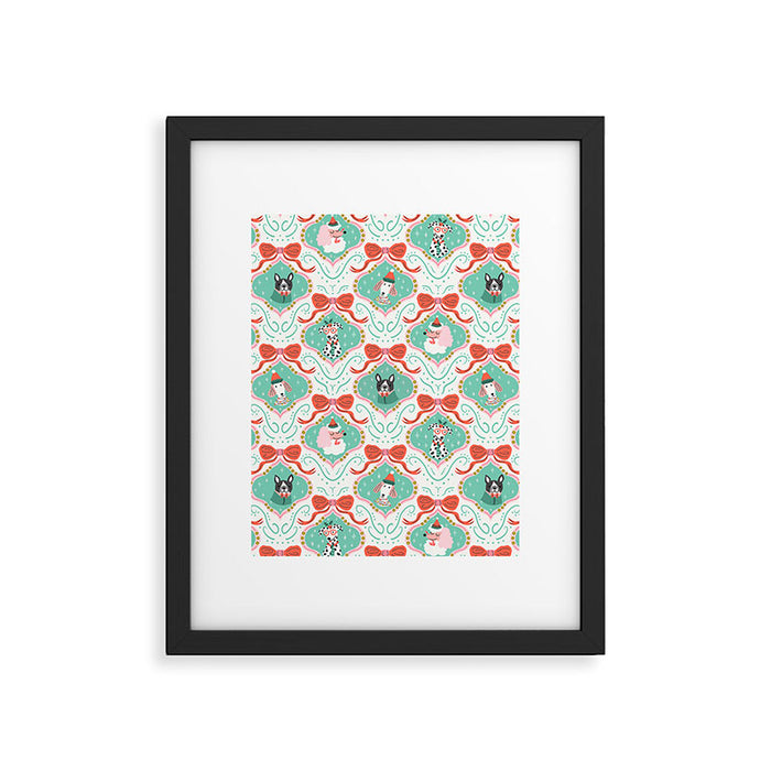 Christmas Dogs Festive Furry Holiday Ornaments Damask Pastel Green Framed Art Print Gallery Image 1