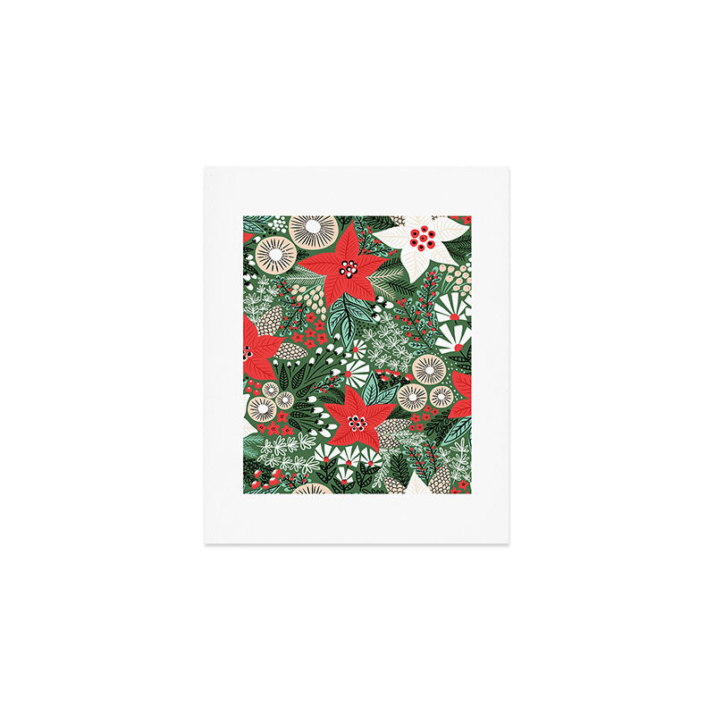 Christmas Holiday Flowers Poinsettia Green Red White Pattern Art Print Gallery Image 1