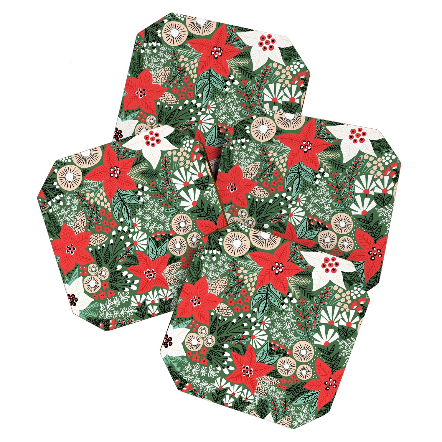 Christmas Holiday Flowers Poinsettia Green Red White Pattern Coaster Gallery Image 1