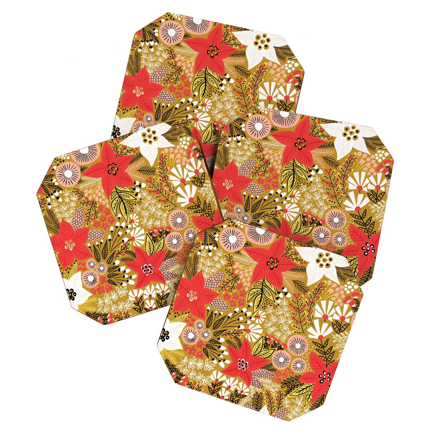 Christmas Poinsettia Flowers Gold Pattern Coaster Gallery Image 1