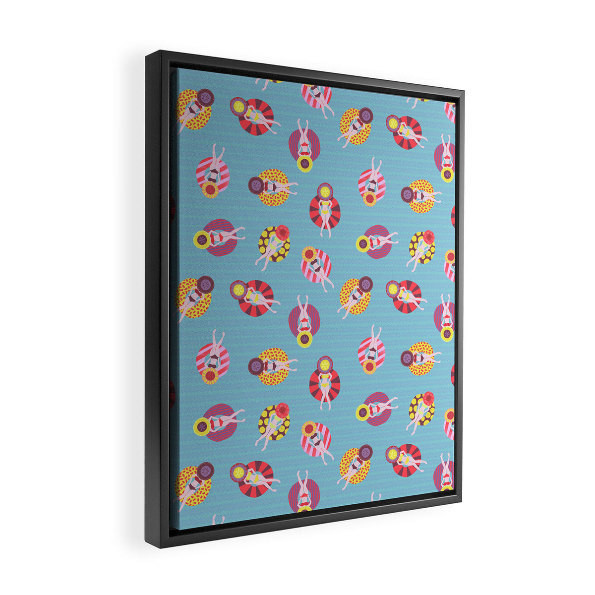 Floating in the Pool Pattern. Women on colorful floaties. Framed Canvas Print Gallery Image 2