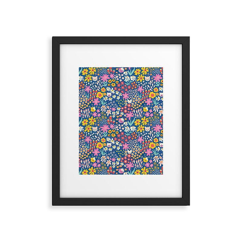 Flowers And Cats Blue Pink Yellow Framed Art Print Gallery Image 6