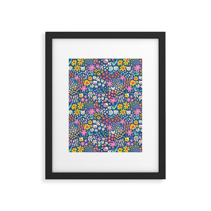 Flowers And Cats Blue Pink Yellow Framed Art Print Gallery Image 1