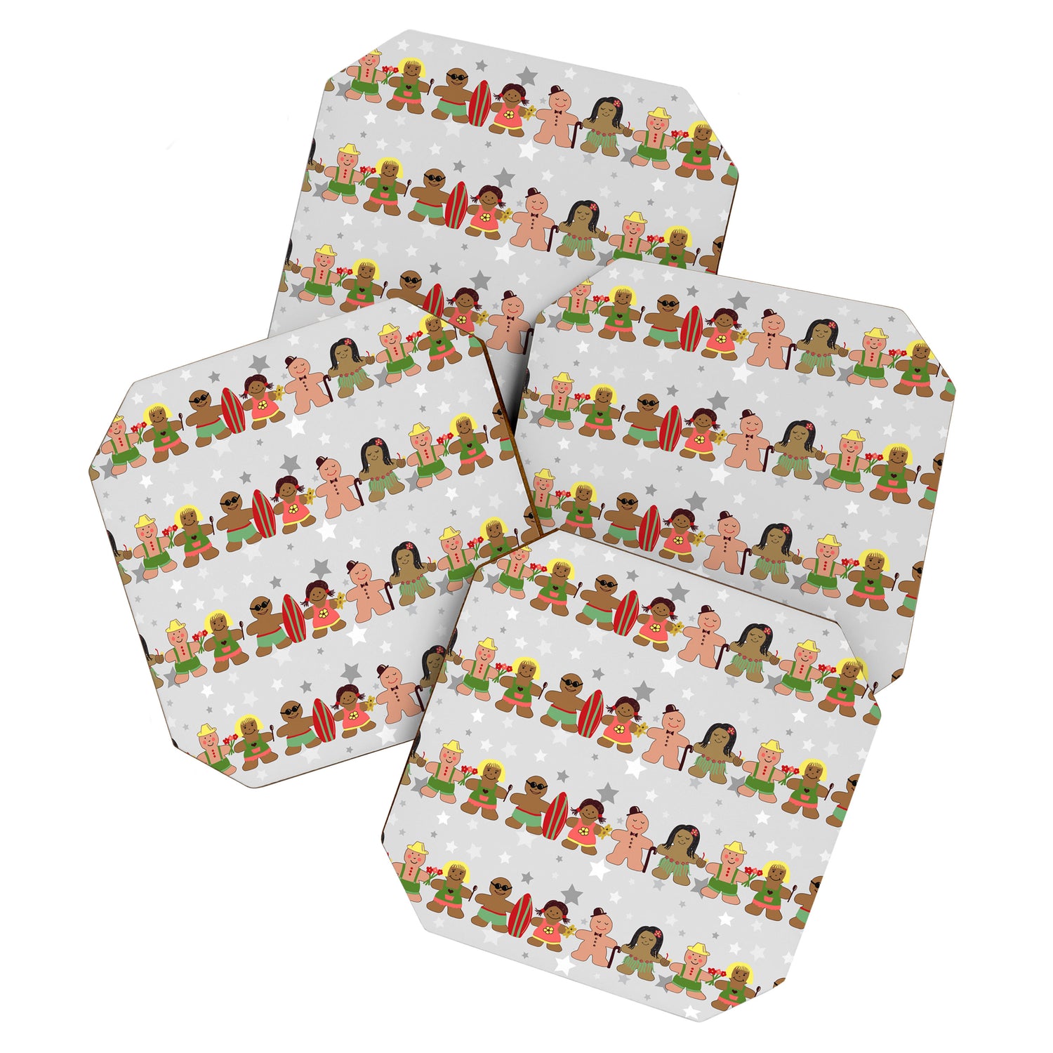 Gingerbread men and women on a gray background with stars. Gingerbread surfer. Gingerbread hula girl. Fun Christmas print. Coaster Gallery Image 1