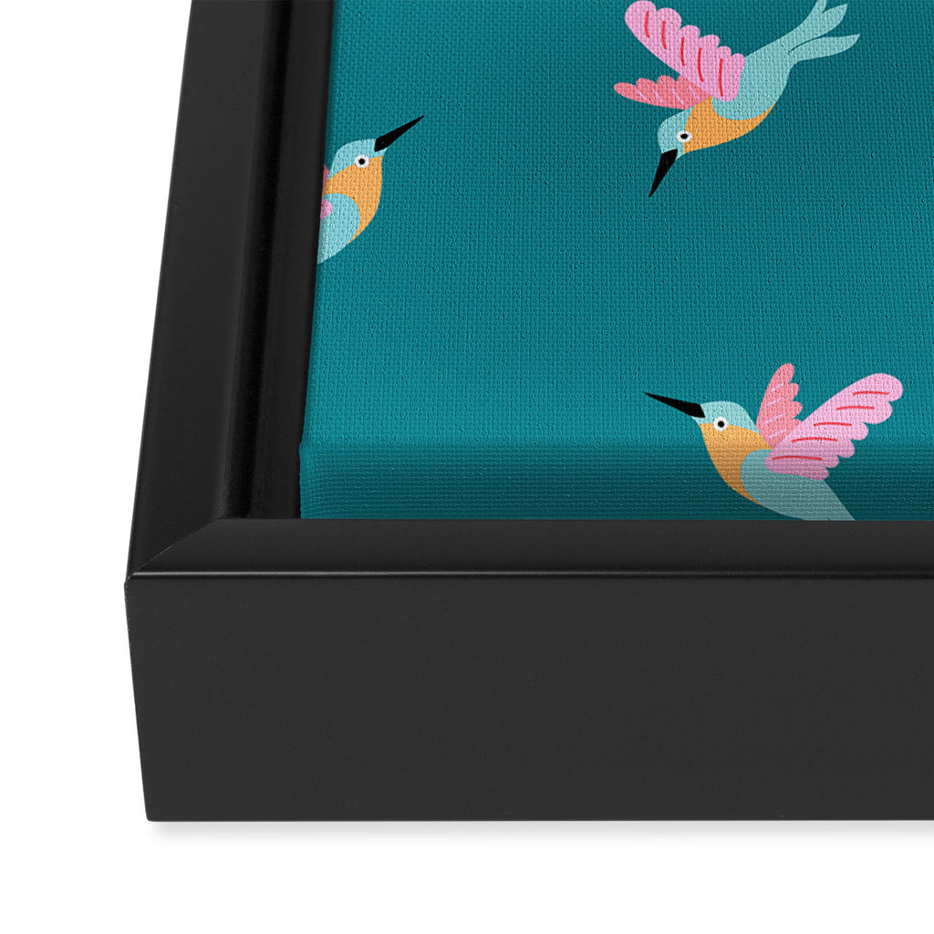 Happy Little Humming Birds on Dark Teal Framed Canvas Print Gallery Image 3