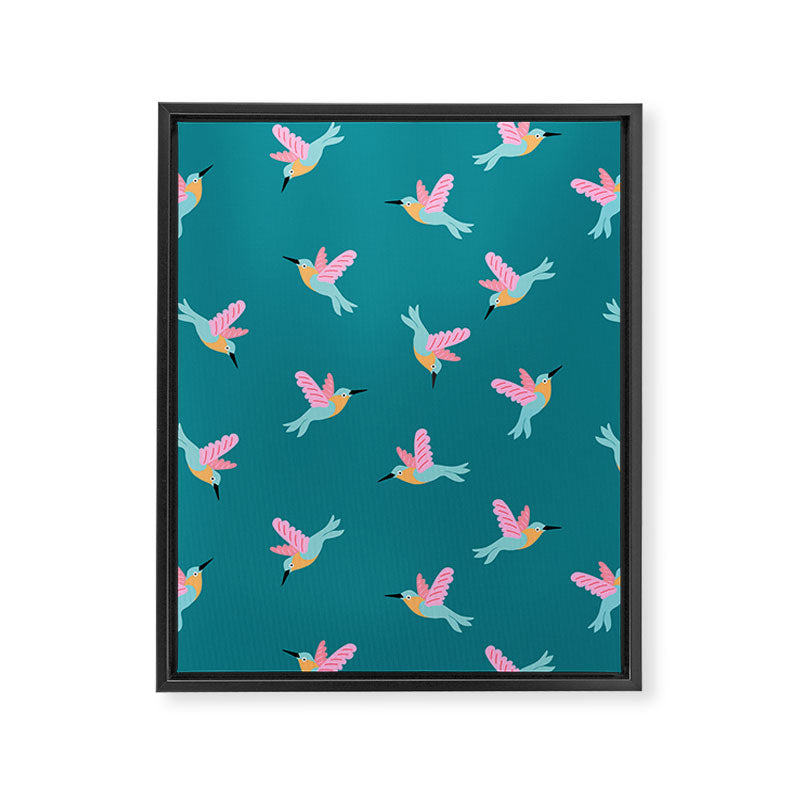 Happy Little Humming Birds on Dark Teal Framed Canvas Print Gallery Image 6