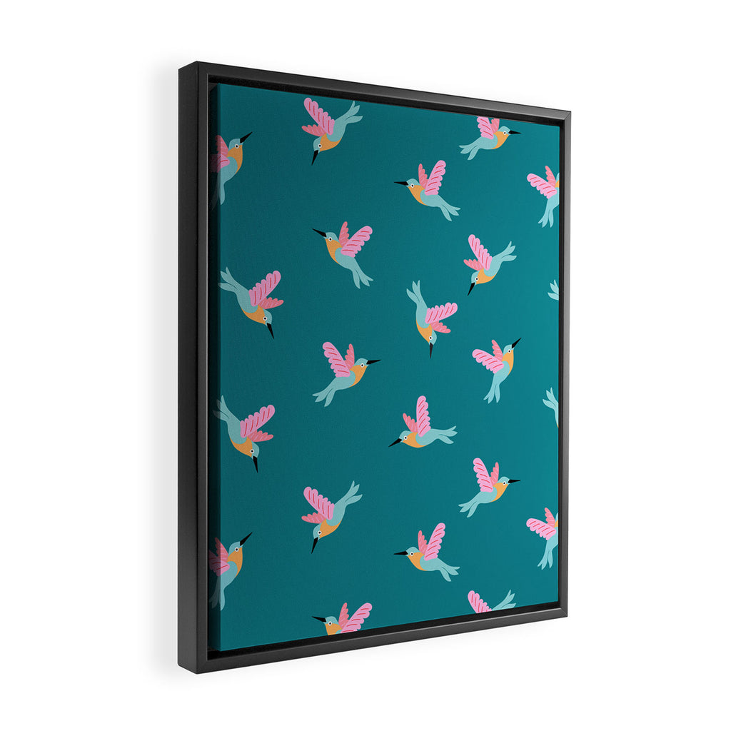 Happy Little Humming Birds on Dark Teal Framed Canvas Print Gallery Image 2