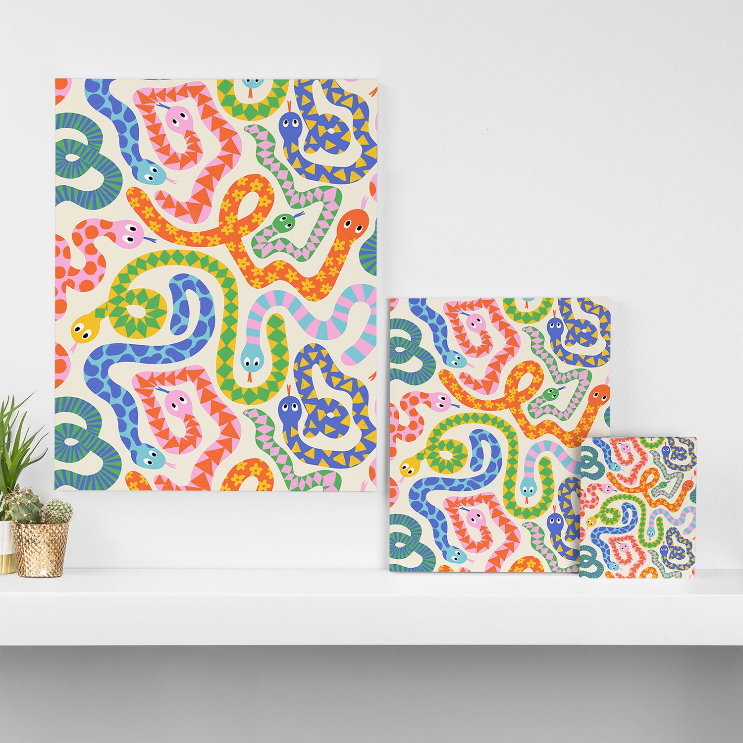 Happy Snakes Light - Bright Rainbow Textured Snakes With Funky Geometric Patterns on Cream Canvas Print Gallery Image 3