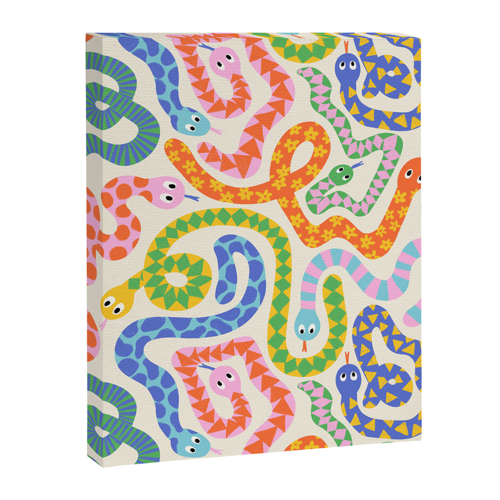 Happy Snakes Light - Bright Rainbow Textured Snakes With Funky Geometric Patterns on Cream Canvas Print Gallery Image 3