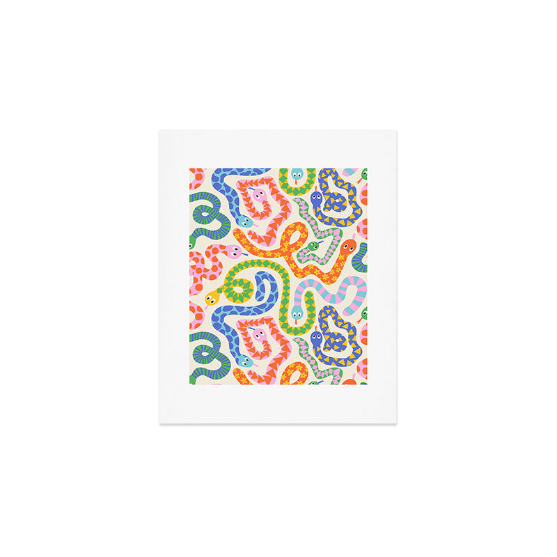 Happy Snakes Light - Bright Rainbow Textured Snakes With Funky Geometric Patterns on Cream Art Print Gallery Image 1