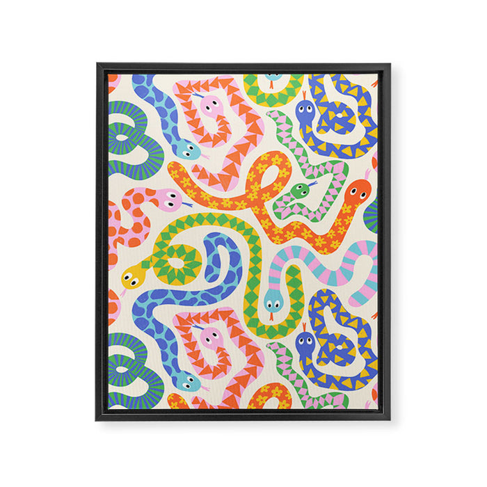 Happy Snakes Light - Bright Rainbow Textured Snakes With Funky Geometric Patterns on Cream Framed Canvas Print Gallery Image 1