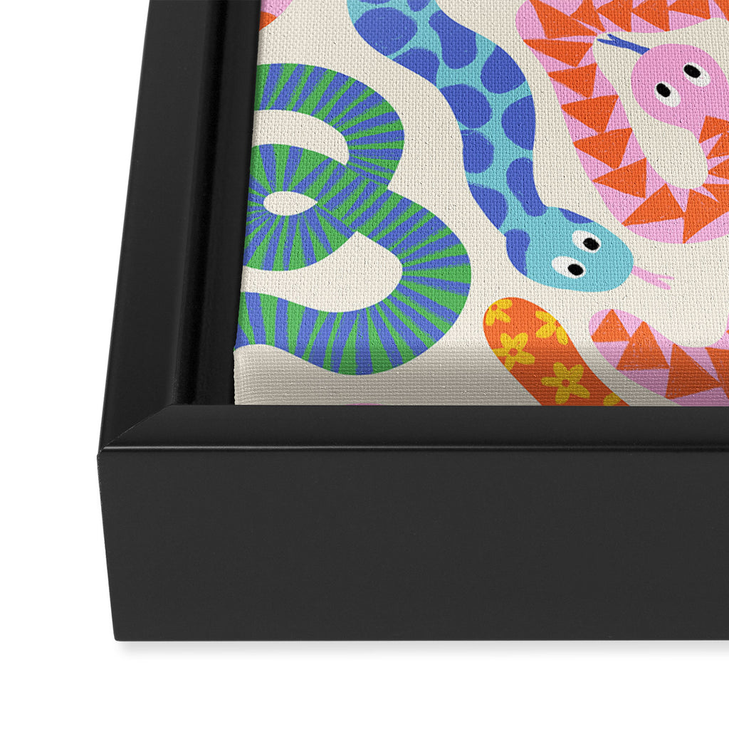 Happy Snakes Light - Bright Rainbow Textured Snakes With Funky Geometric Patterns on Cream Framed Canvas Print Gallery Image 3