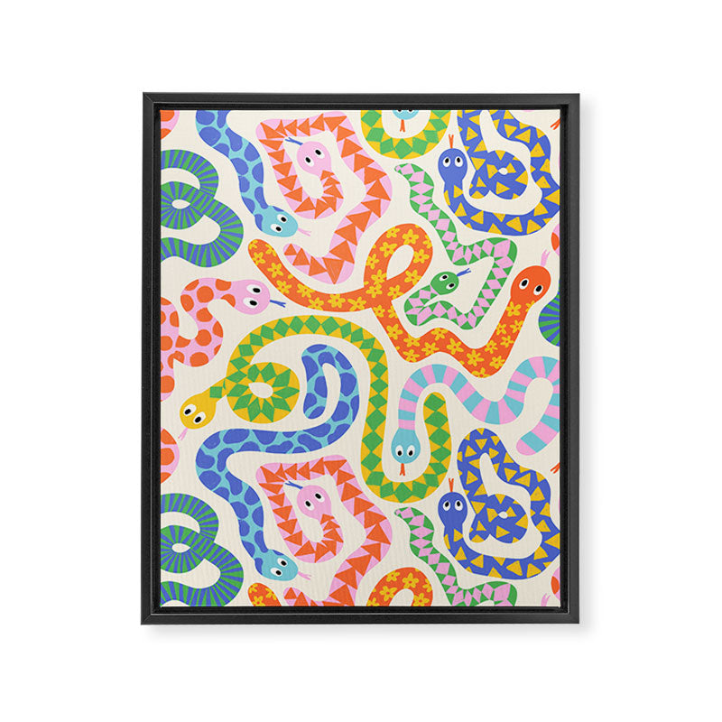 Happy Snakes Light - Bright Rainbow Textured Snakes With Funky Geometric Patterns on Cream Framed Canvas Print Gallery Image 6