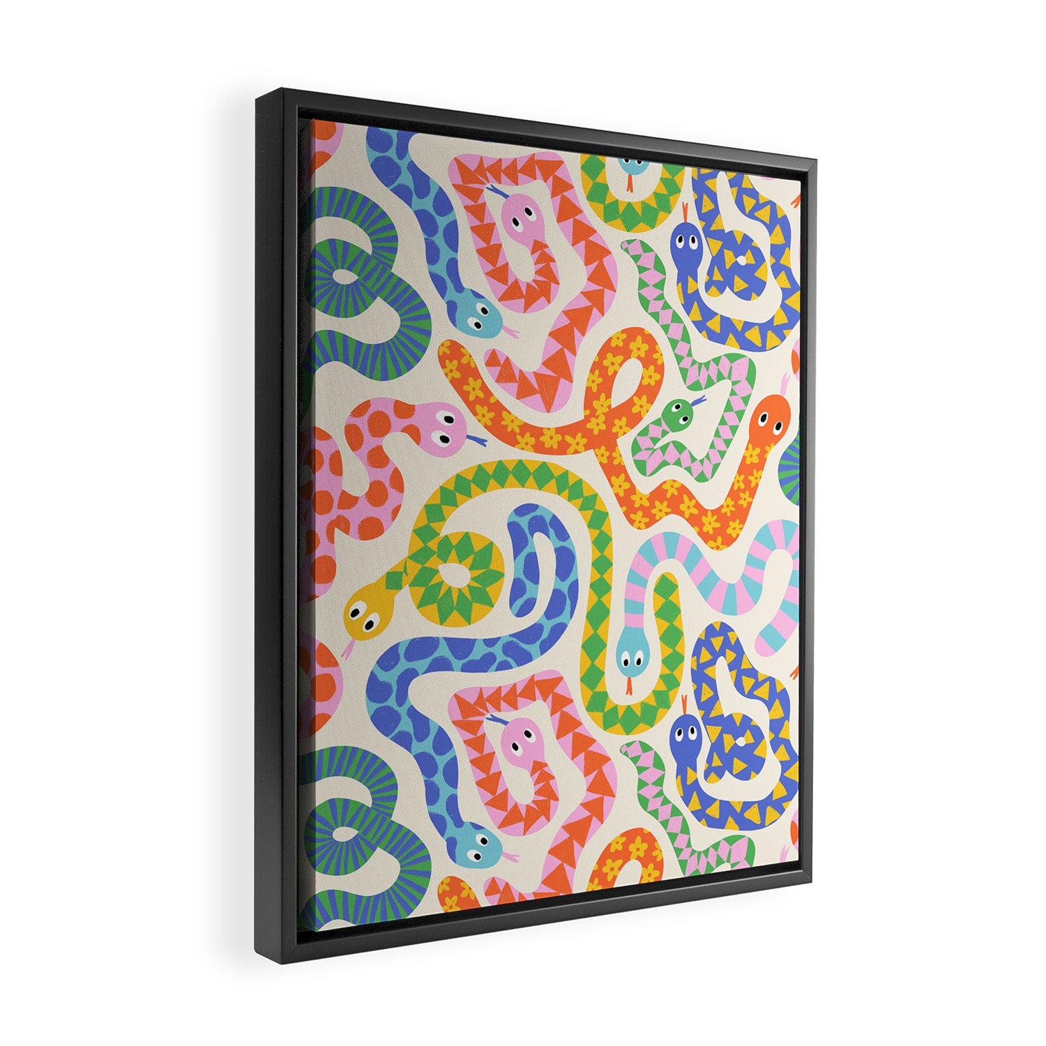 Happy Snakes Light - Bright Rainbow Textured Snakes With Funky Geometric Patterns on Cream Framed Canvas Print Gallery Image 2