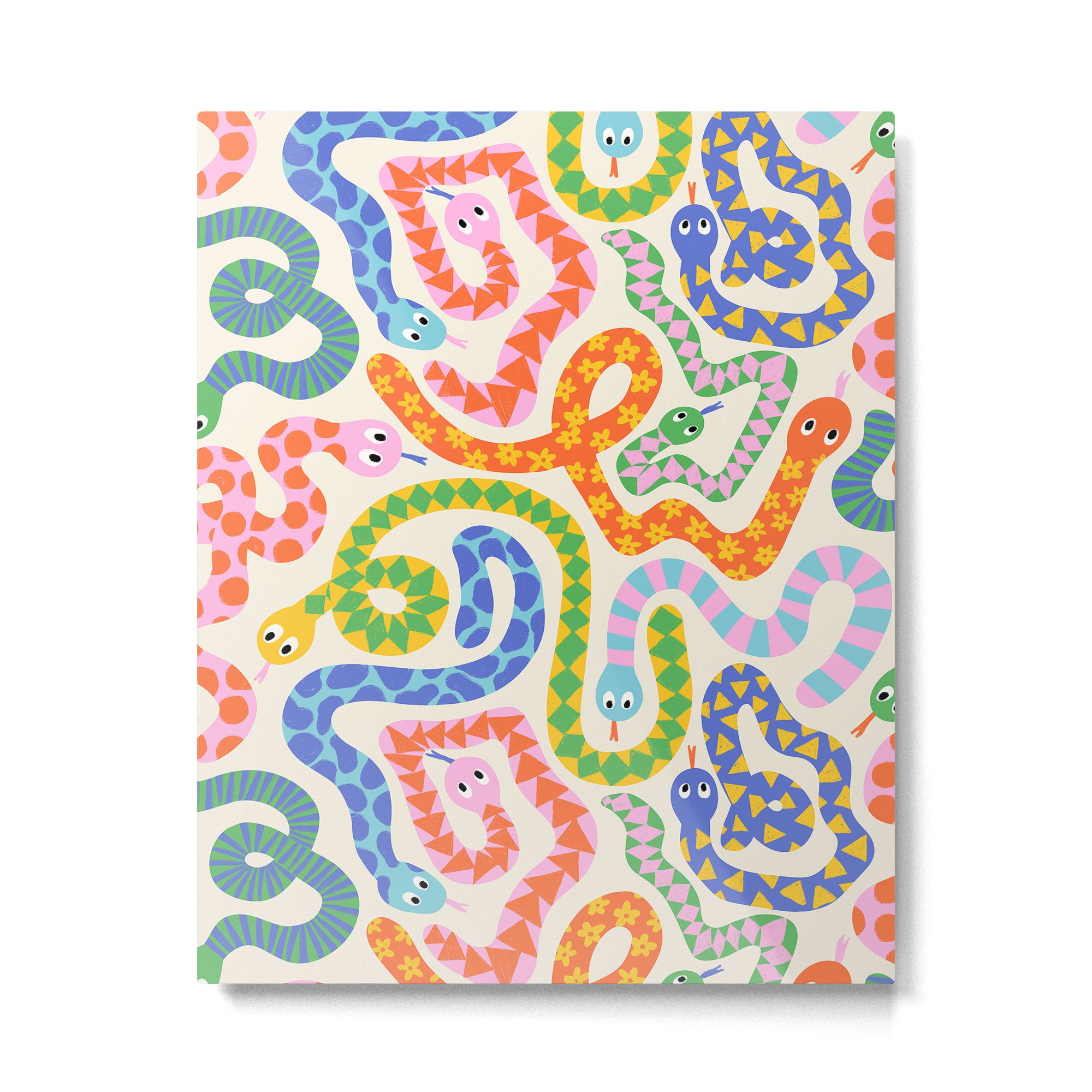 Happy Snakes Light - Bright Rainbow Textured Snakes With Funky Geometric Patterns on Cream Metal Print Gallery Image 4
