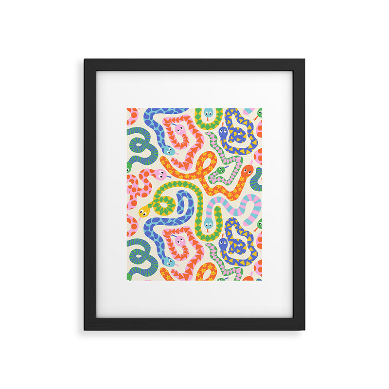 Happy Snakes Light - Bright Rainbow Textured Snakes With Funky Geometric Patterns on Cream Framed Art Print Gallery Image 4