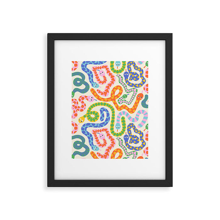 Happy Snakes Light - Bright Rainbow Textured Snakes With Funky Geometric Patterns on Cream Framed Art Print Gallery Image 1