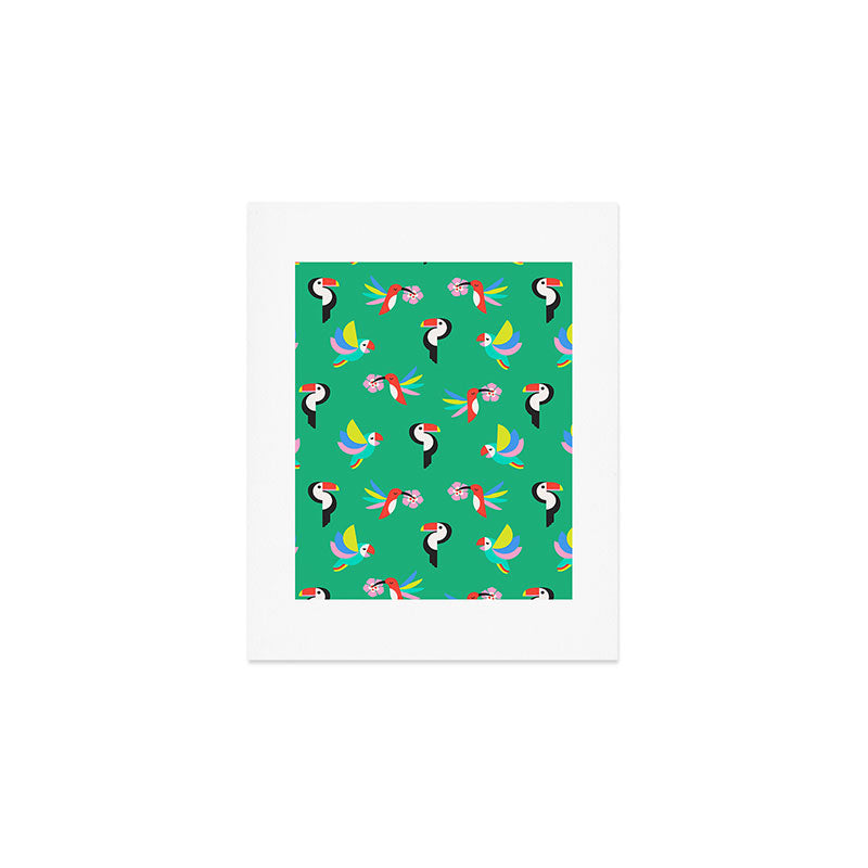 Happy Tropical Jungle Birds Toucan Hummingbird Parrot Green Art Print Gallery Image 1