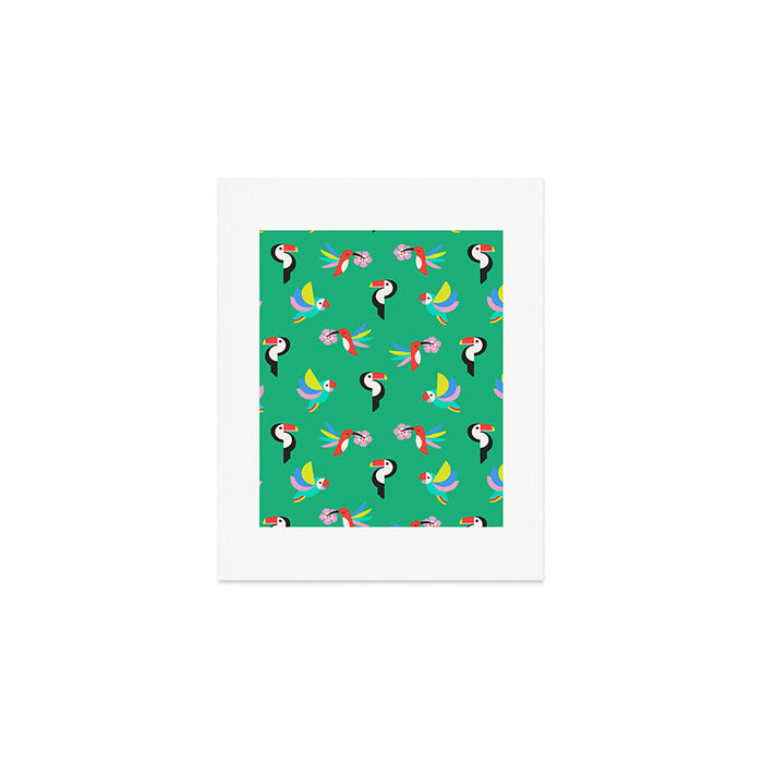 Happy Tropical Jungle Birds Toucan Hummingbird Parrot Green Art Print Gallery Image 1