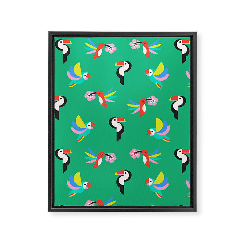 Happy Tropical Jungle Birds Toucan Hummingbird Parrot Green Framed Canvas Print Gallery Image 8