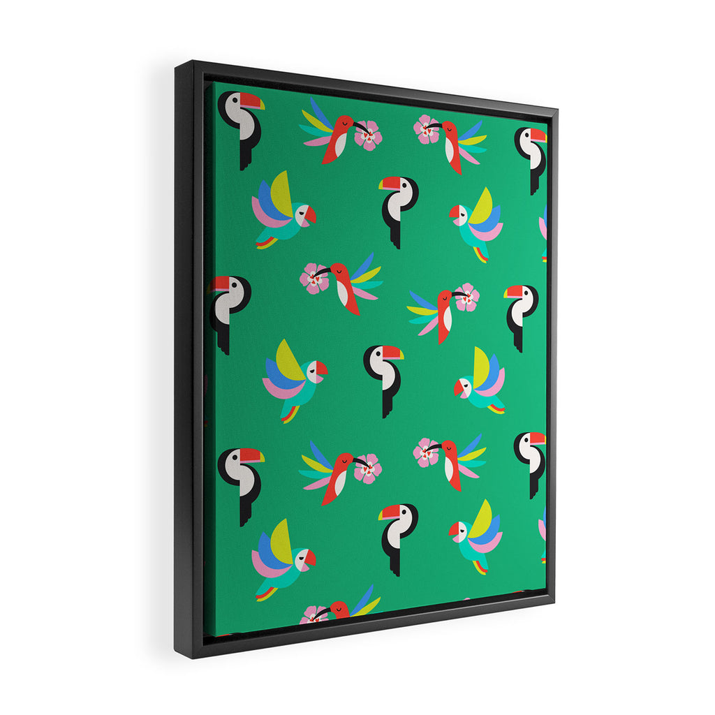 Happy Tropical Jungle Birds Toucan Hummingbird Parrot Green Framed Canvas Print Gallery Image 2