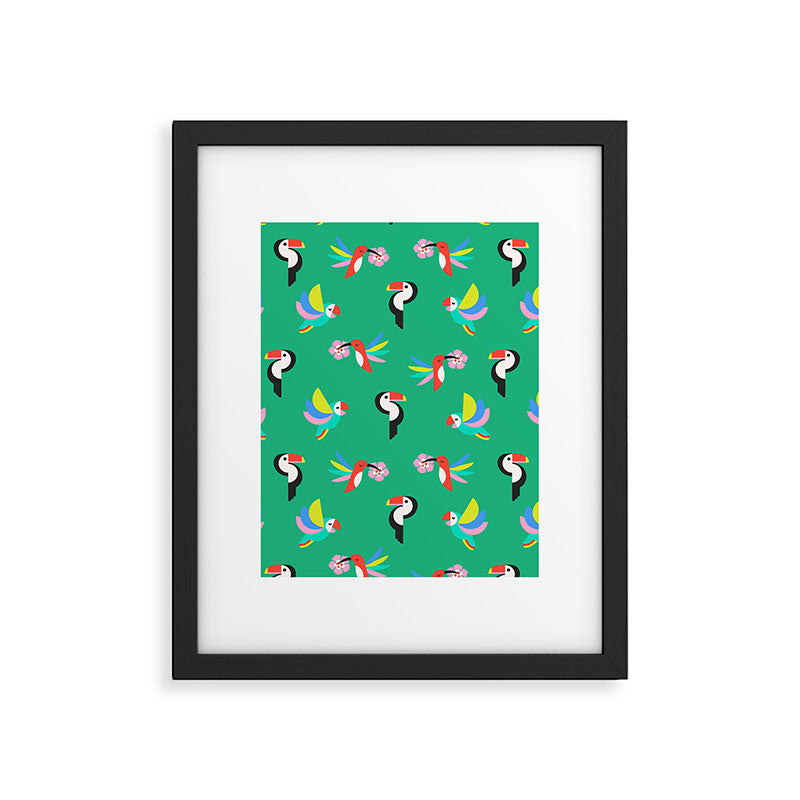 Happy Tropical Jungle Birds Toucan Hummingbird Parrot Green Framed Art Print Gallery Image 6