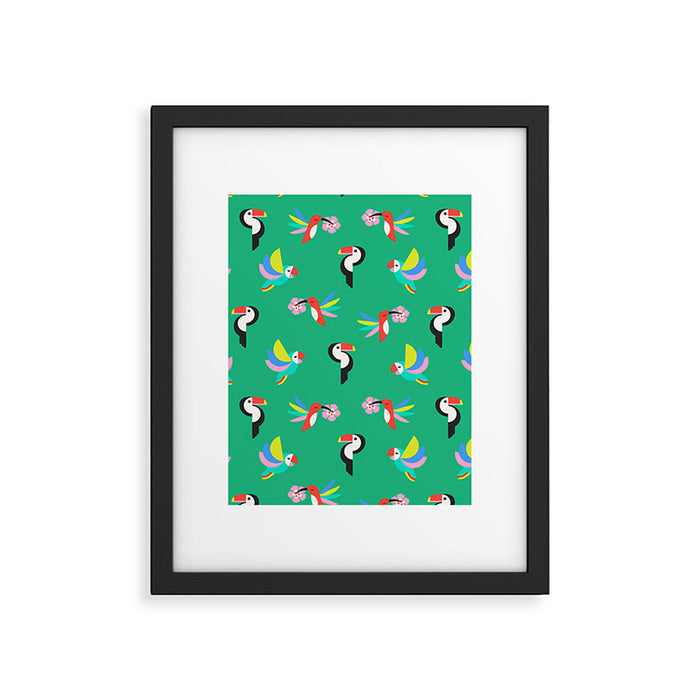Happy Tropical Jungle Birds Toucan Hummingbird Parrot Green Framed Art Print Gallery Image 1
