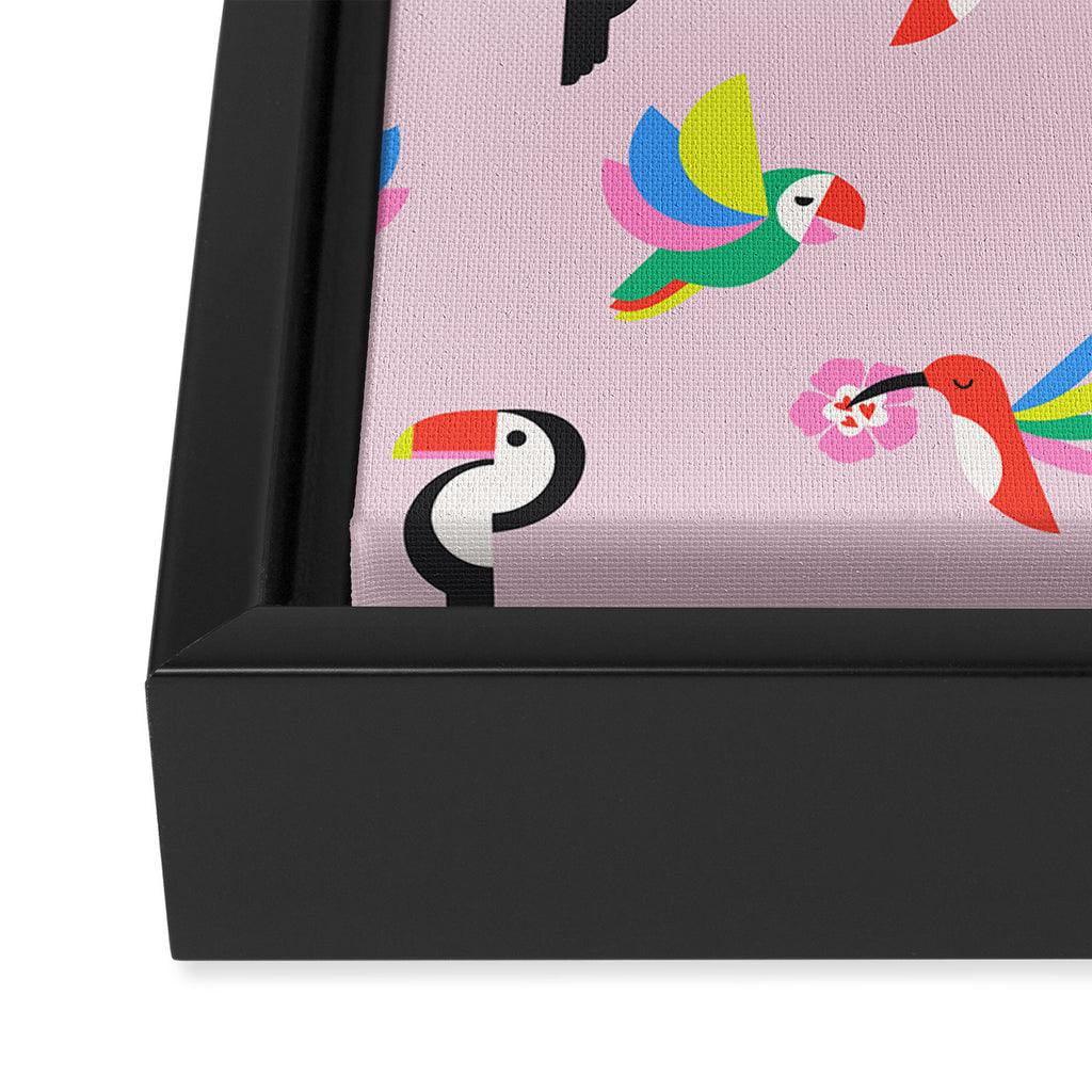 Happy Tropical Jungle Birds Toucan Hummingbird Parrot Pink Framed Canvas Print Gallery Image 3