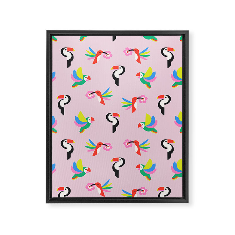 Happy Tropical Jungle Birds Toucan Hummingbird Parrot Pink Framed Canvas Print Gallery Image 8