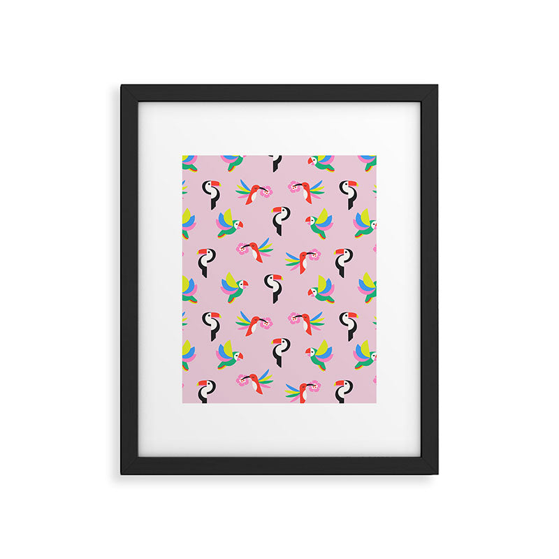 Happy Tropical Jungle Birds Toucan Hummingbird Parrot Pink Framed Art Print Gallery Image 6