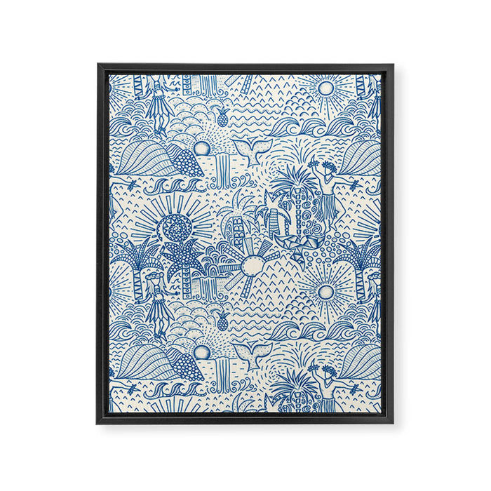 Hawaiian Toile Blue Framed Canvas Print Gallery Image 1