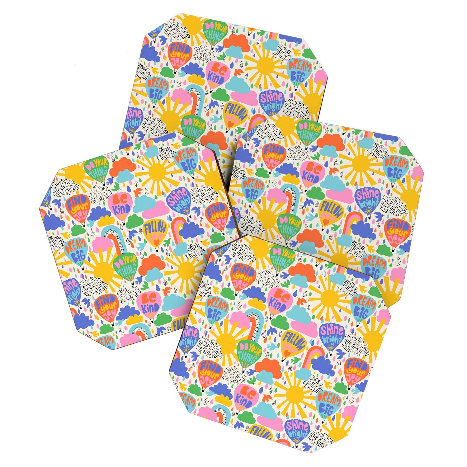 Hot Air Balloons In The Sky - Happy Kids Pattern with Positive Quotes Coaster Gallery Image 1