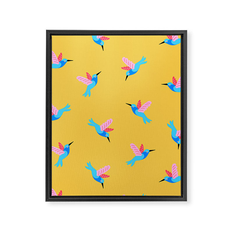 Hummingbirds on Yellow Pattern Framed Canvas Print Gallery Image 8