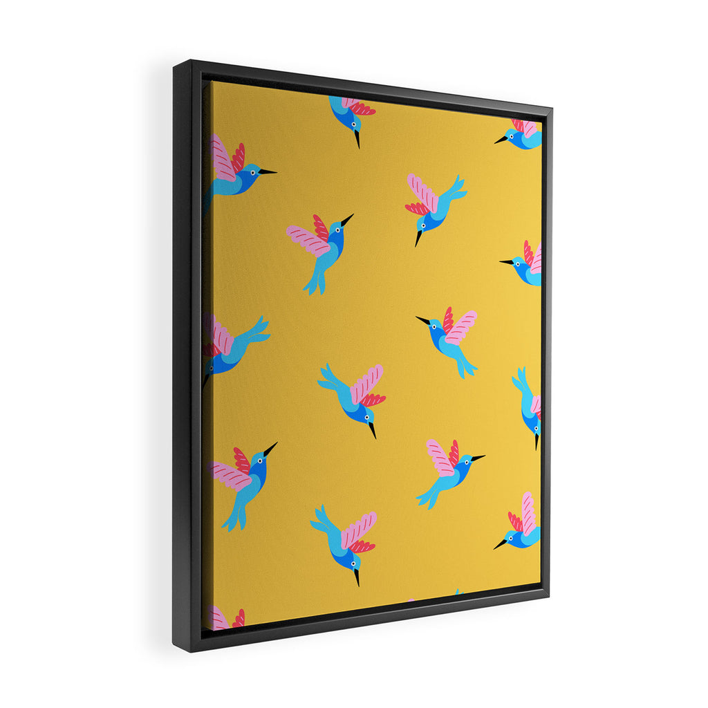 Hummingbirds on Yellow Pattern Framed Canvas Print Gallery Image 2