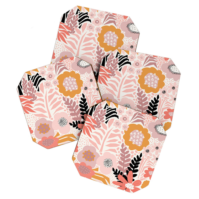 Large Pastel Floral Pattern Orange Pink White Black Gold Meadow Coaster Gallery Image 1