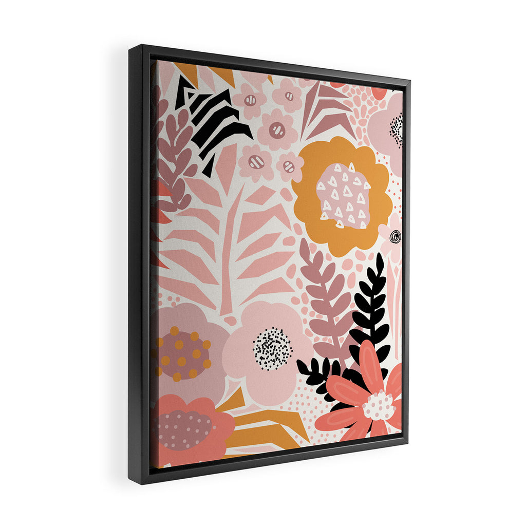 Large Pastel Floral Pattern Orange Pink White Black Gold Meadow Framed Canvas Print Gallery Image 2
