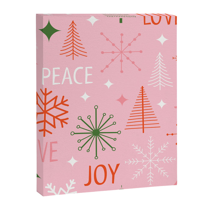 Mid-Century Christmas Peace Love Joy Pattern Pink Canvas Print Gallery Image 1