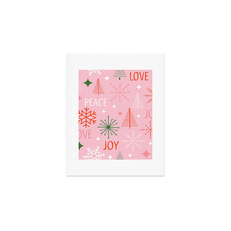 Mid-Century Christmas Peace Love Joy Pattern Pink Art Print Gallery Image 1