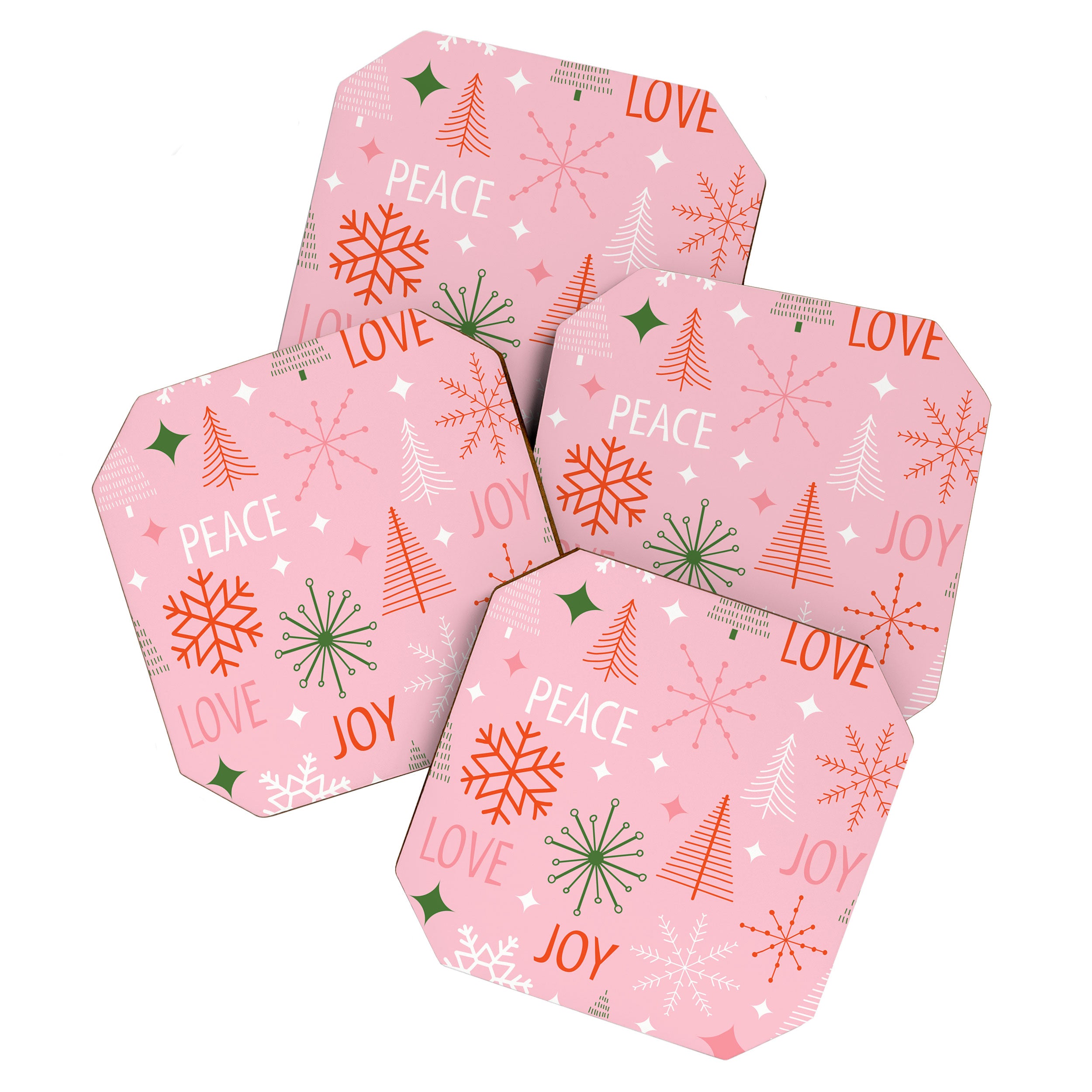 Mid-Century Christmas Peace Love Joy Pattern Pink Coaster Gallery Image 1
