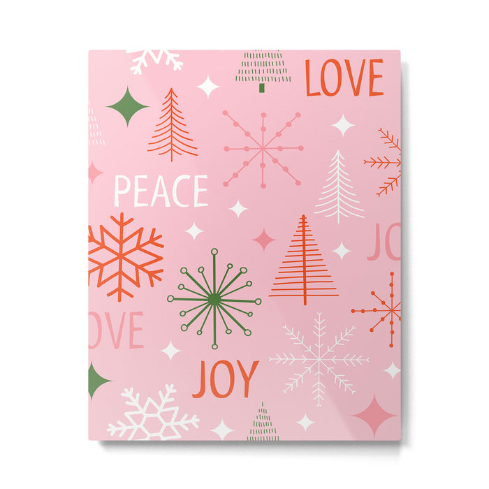 Mid-Century Christmas Peace Love Joy Pattern Pink Metal Print Gallery Image 1